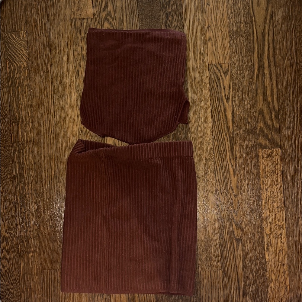 Brown Ribbed Skirt and Top Set